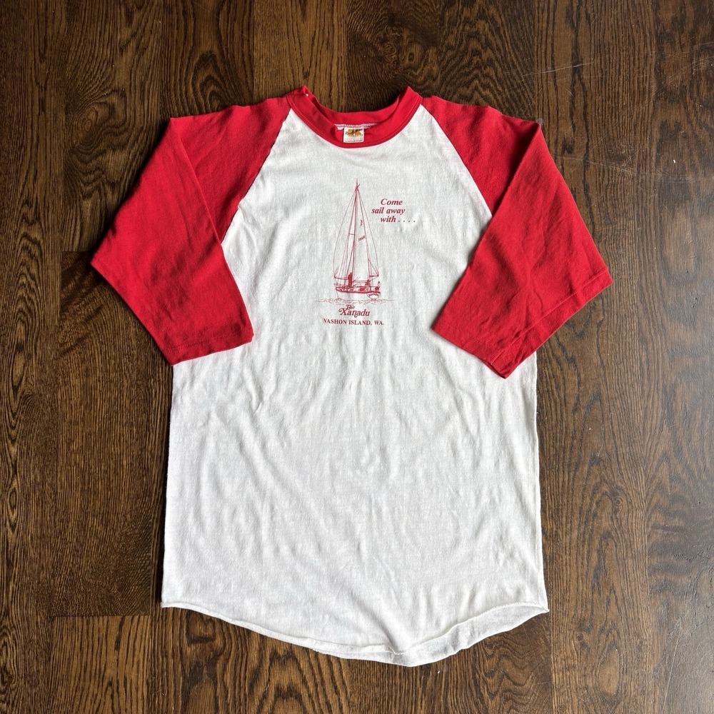 VTG 70s Russell Athletic Raglan T Shirt L Single Stitch Sailboat Vashon Island